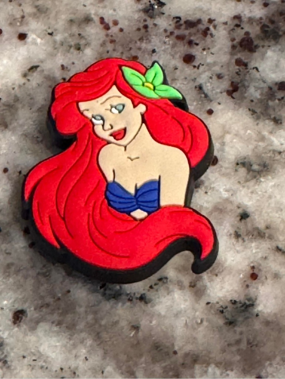 CROCS Red-Headed Mermaid Brooch with Blue Top and Green Leaf